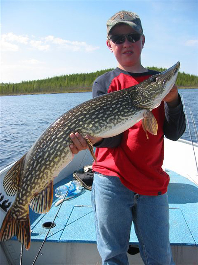 This is a photo of a young boy holding a 13 pound Northern Pike
